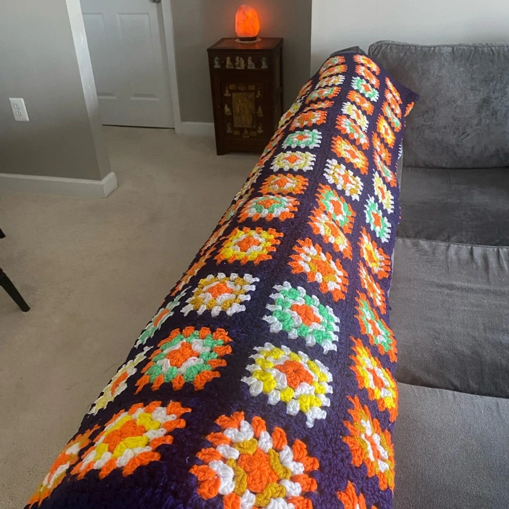 Vintage Afghan - Colorful Crochet Granny Square Blanket Throw EUC